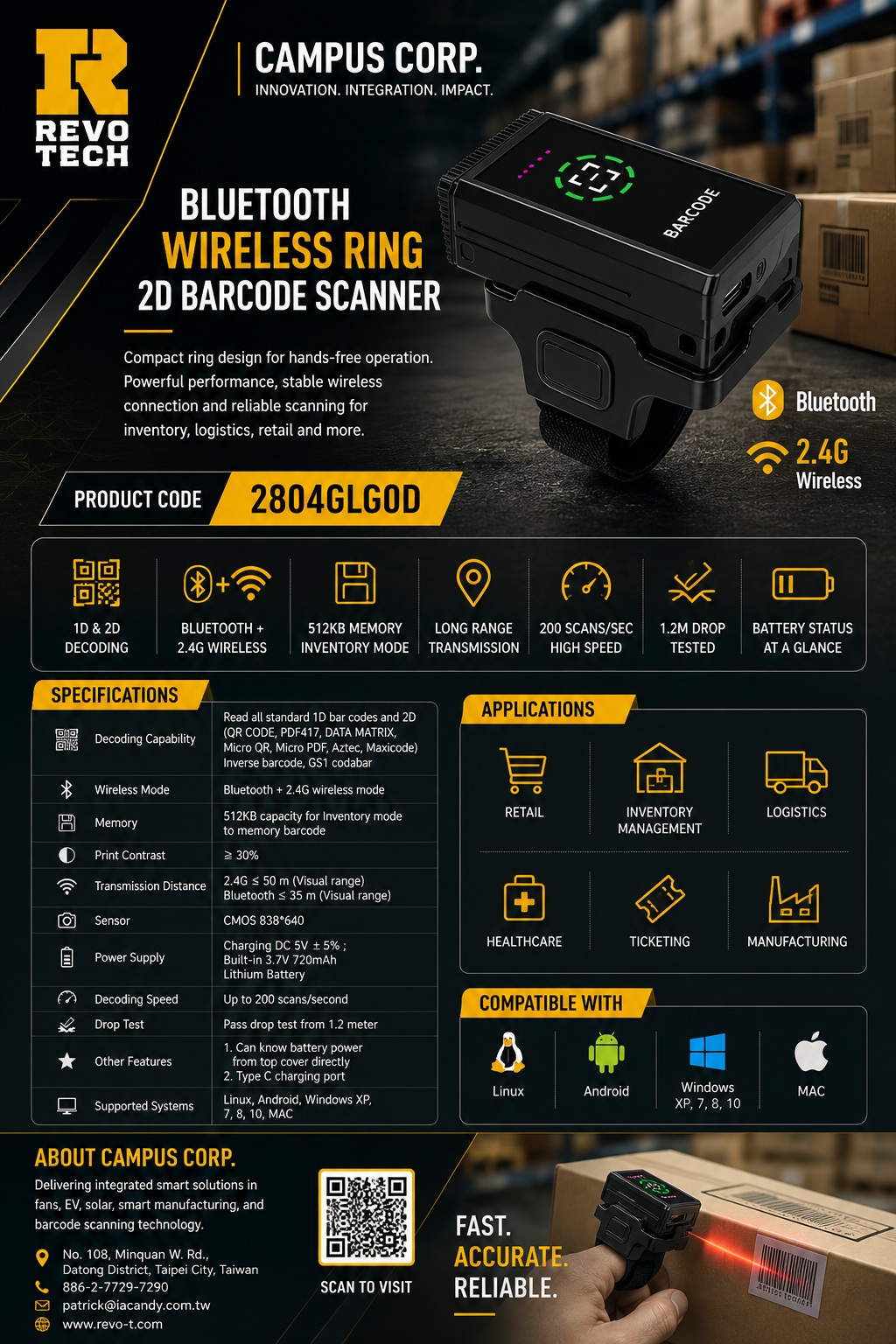 2804GLG0D · Wearable ring scanner product specification sheet