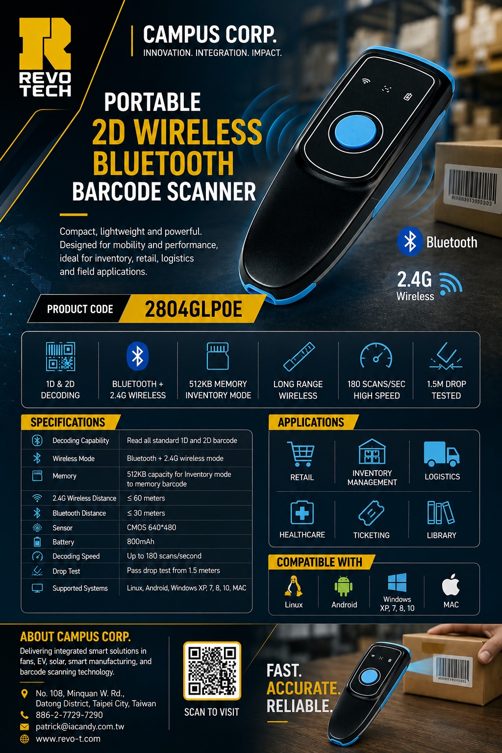 2804GLP0E · Portable wireless 2D scanner product specification sheet