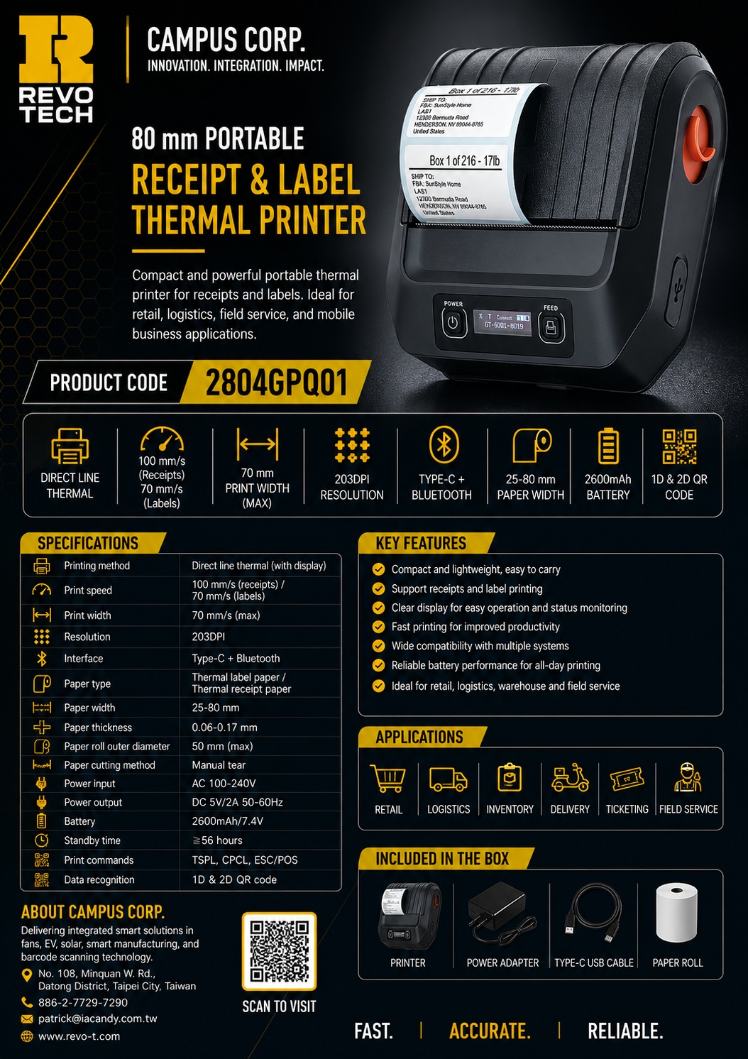 2804GPQ01 · Portable receipt & label printer product specification sheet