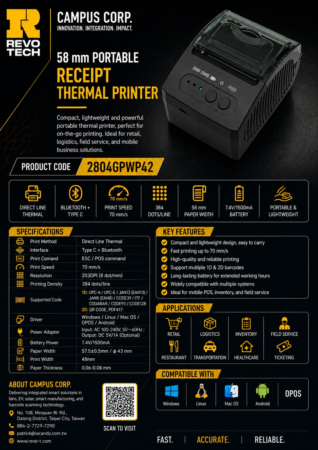 2804GPWP42 · 58 mm portable printer product specification sheet