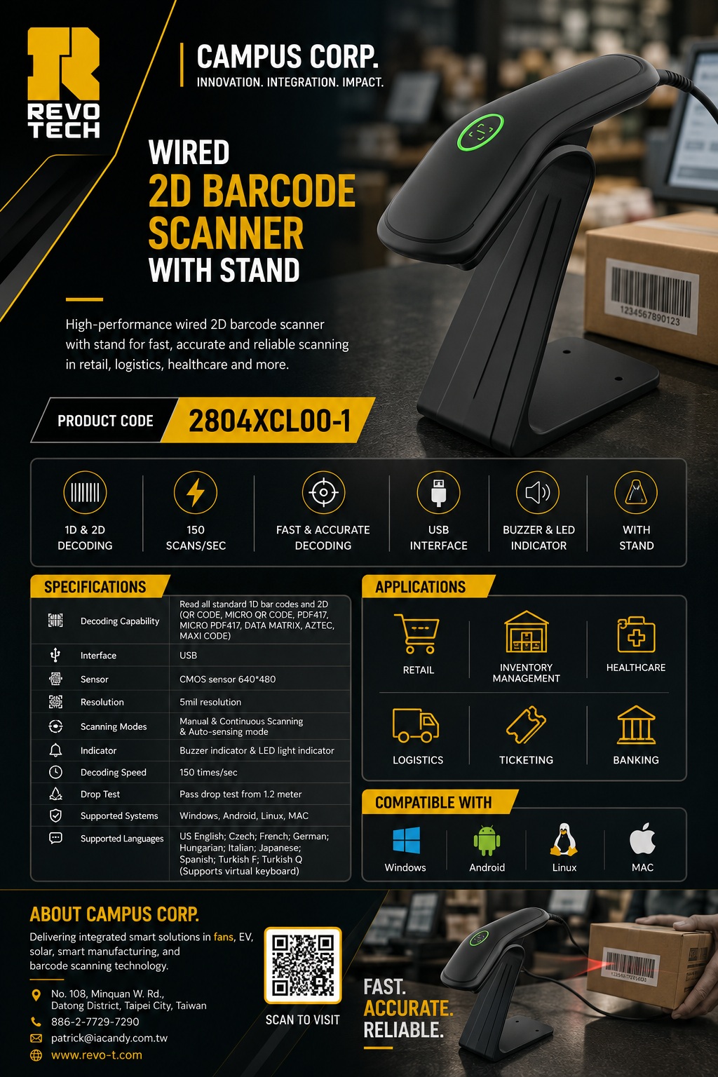 2804XCL00 · Wired handheld scanner product specification sheet