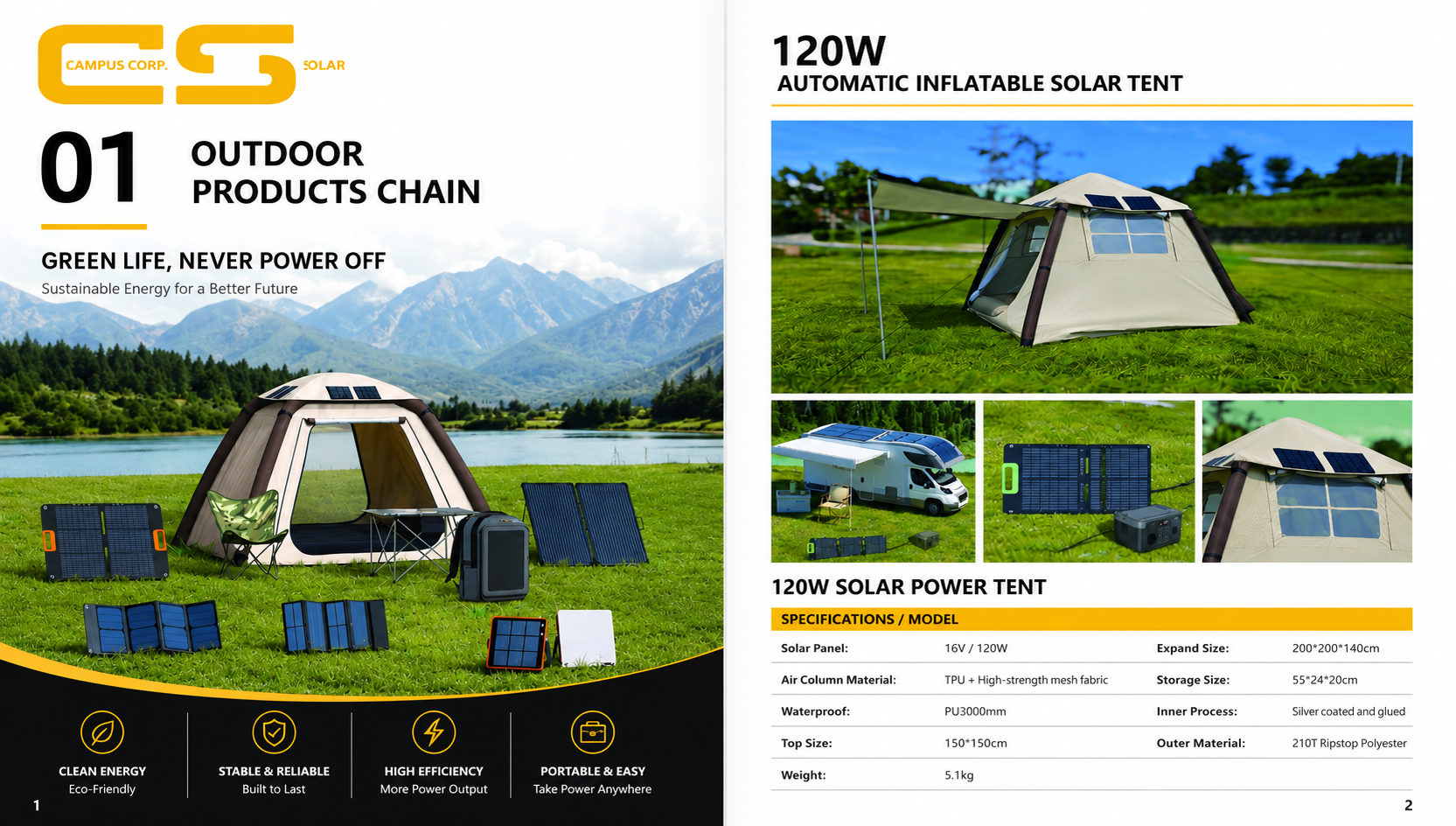 120 W inflatable solar tent product specification sheet