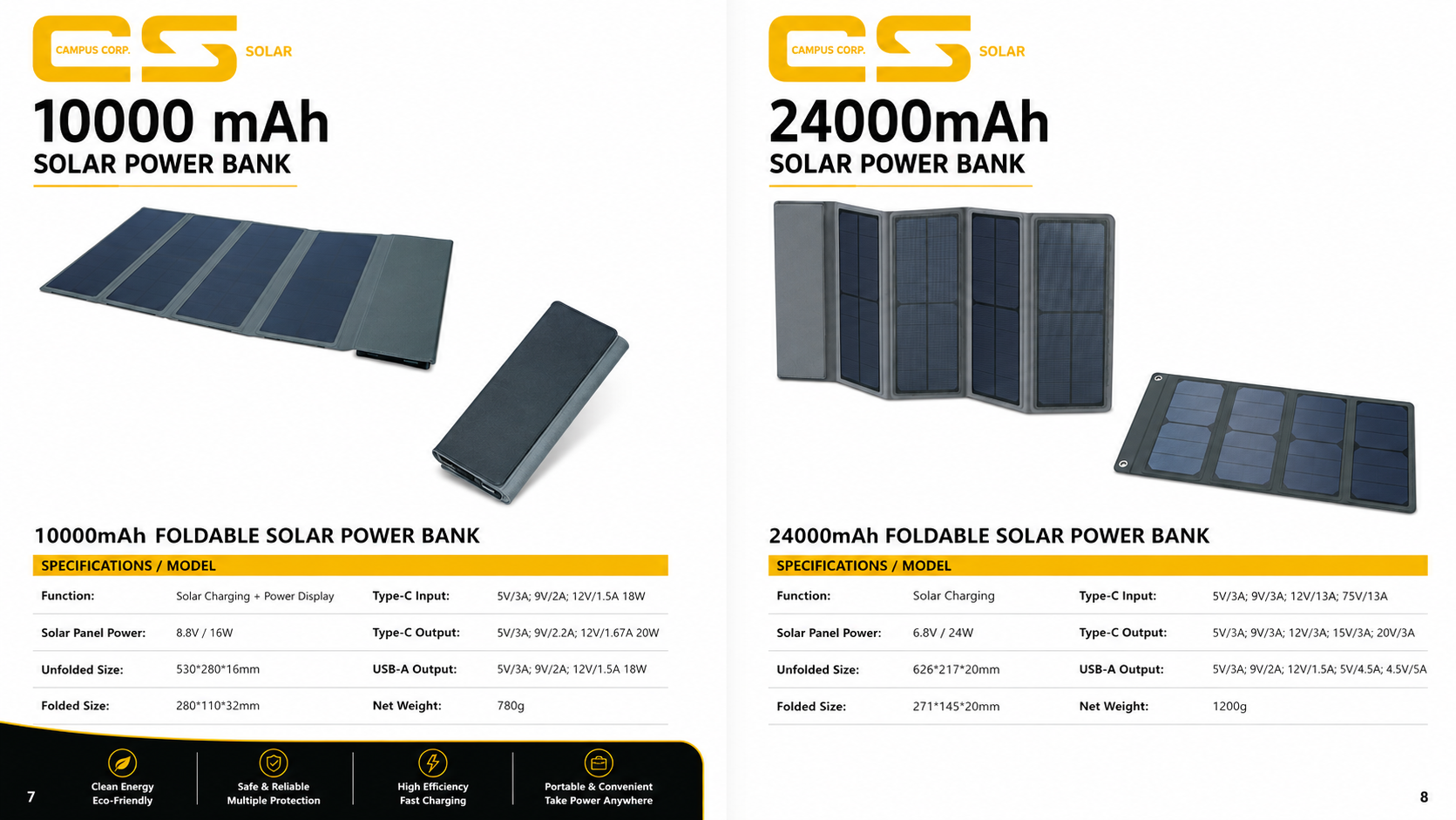 Solar power banks · 10000 / 24000 mAh product specification sheet