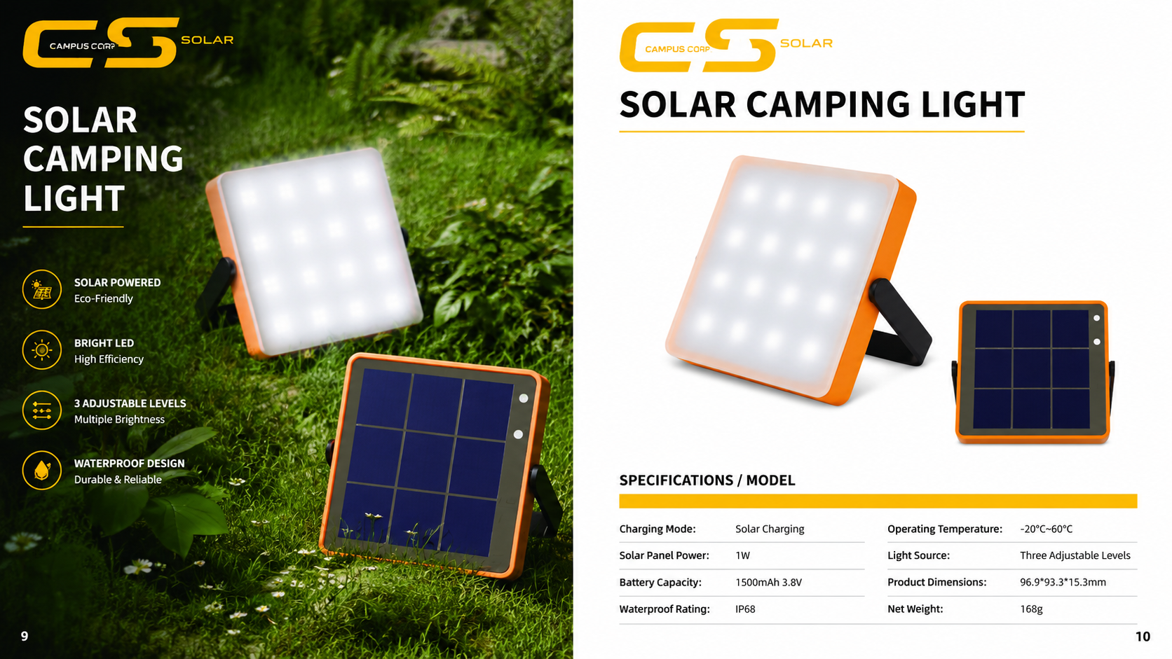 Solar camping light product specification sheet