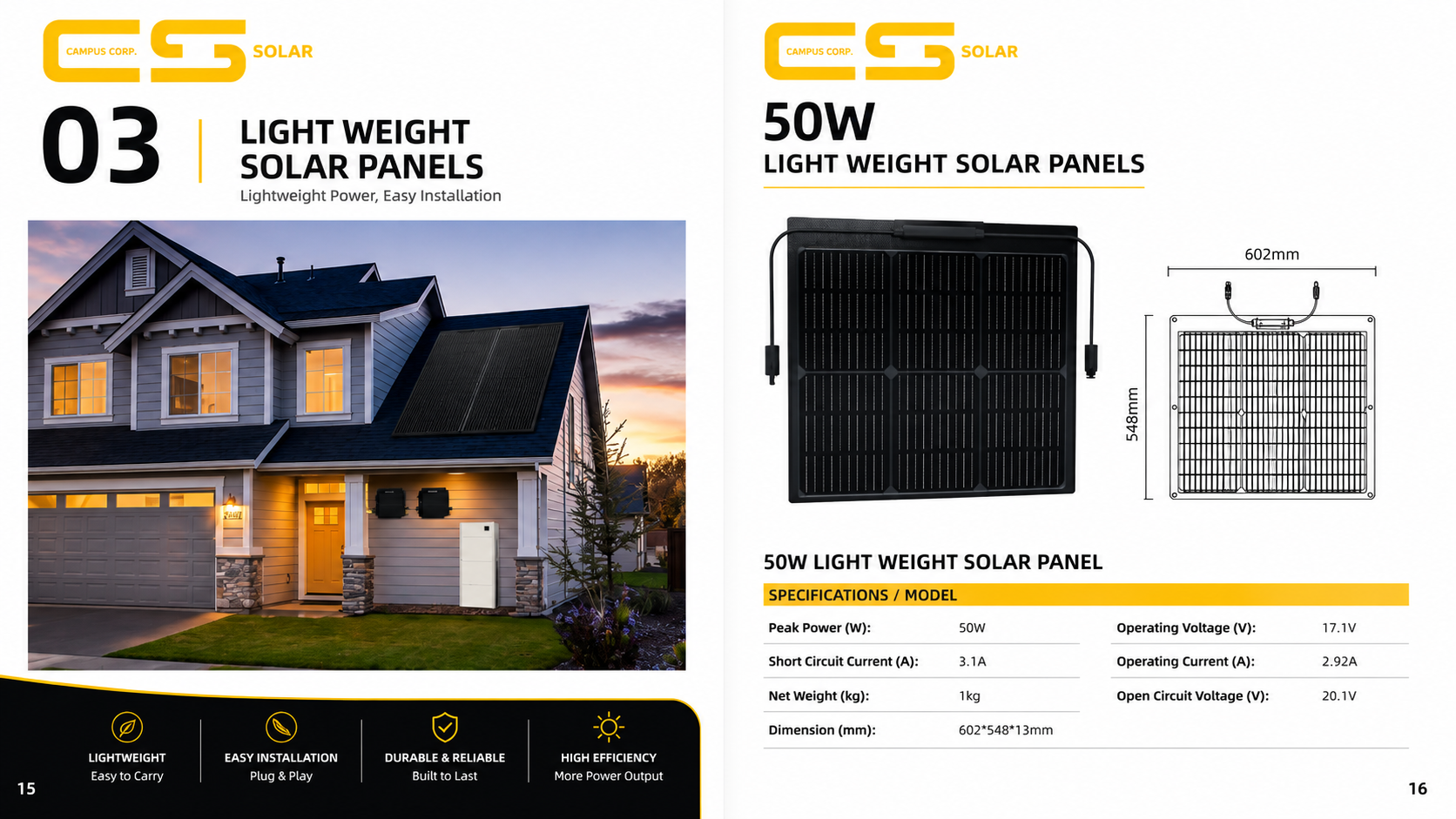 50 W lightweight solar panel product specification sheet