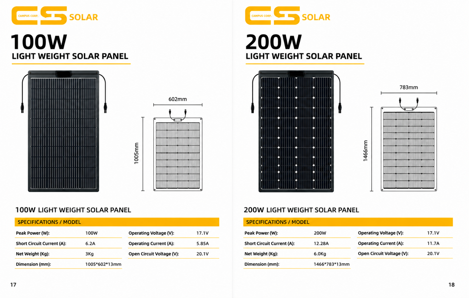 100 / 200 W lightweight solar panels product specification sheet