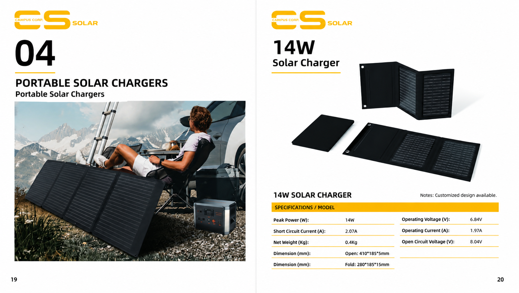 14 W portable solar charger product specification sheet