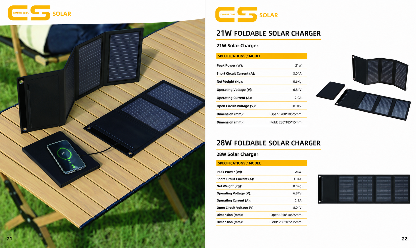 21 / 28 W folding solar chargers product specification sheet
