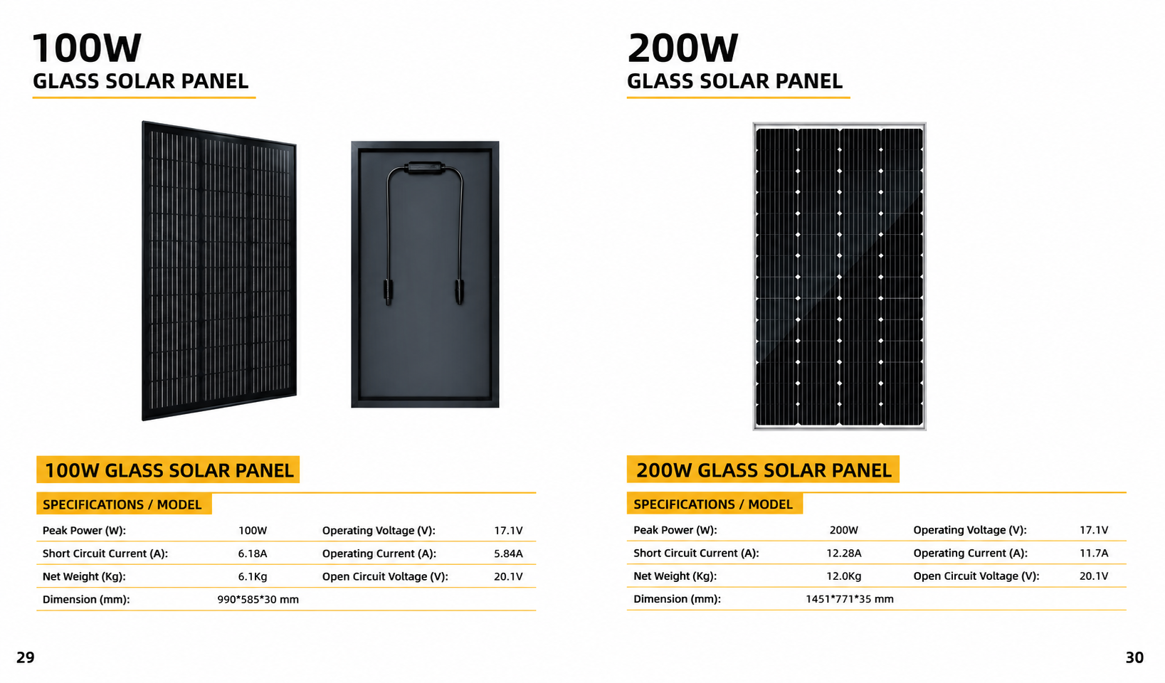 100 / 200 W glass solar panels product specification sheet