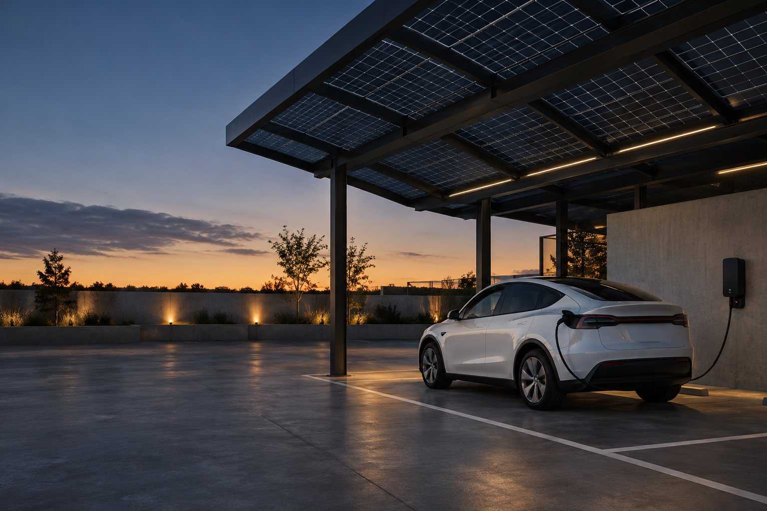 Solar canopy and an electric vehicle at a modern charging space